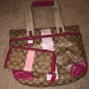 Pink and brown coach purse and wallet